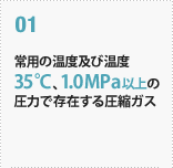 01
常用の温度及び温度
35℃、1.0MPa以上の
圧力で存在する圧縮ガス